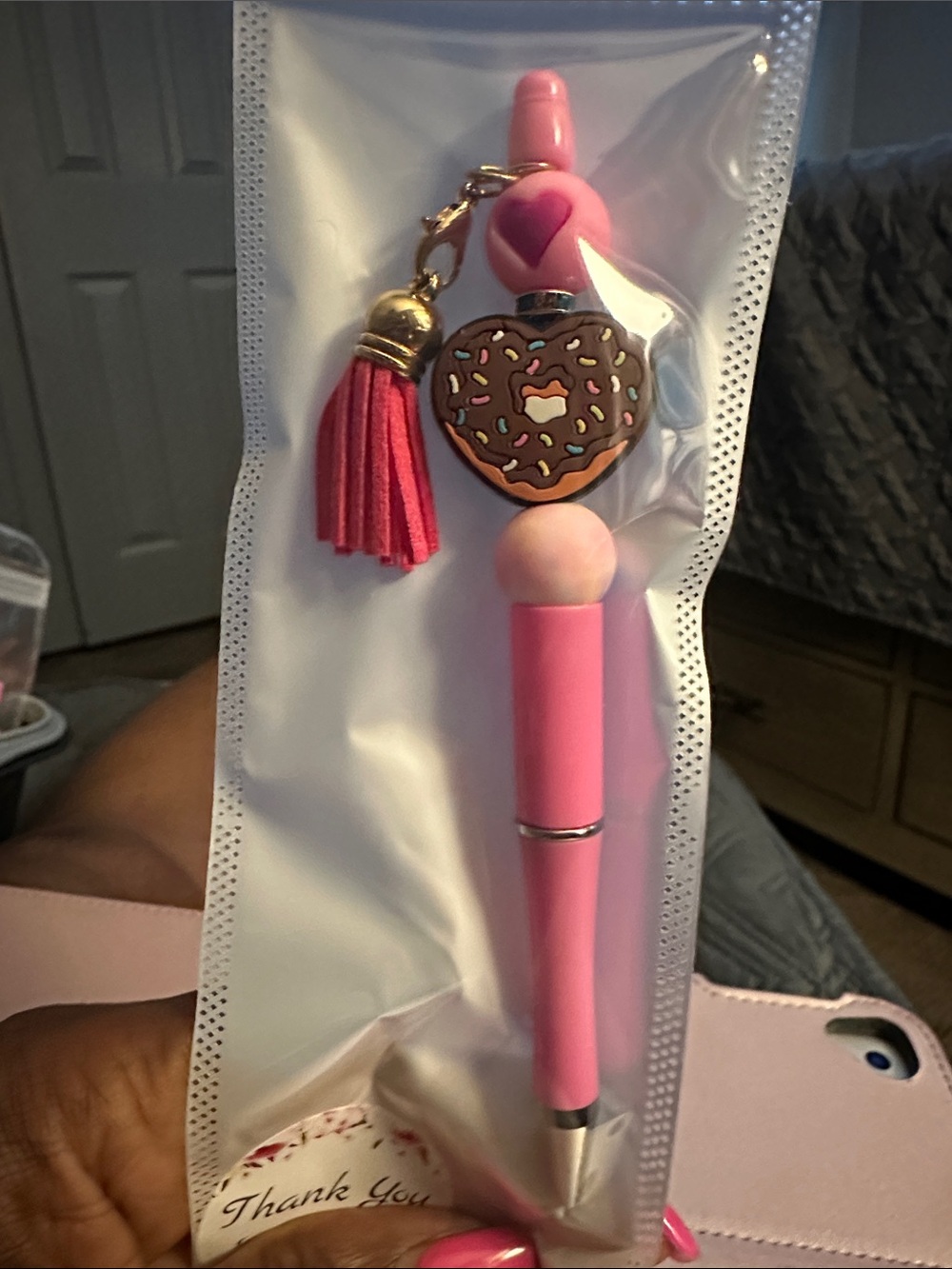 Hand Crafted Pink Donut Tassel Pen Keychain
